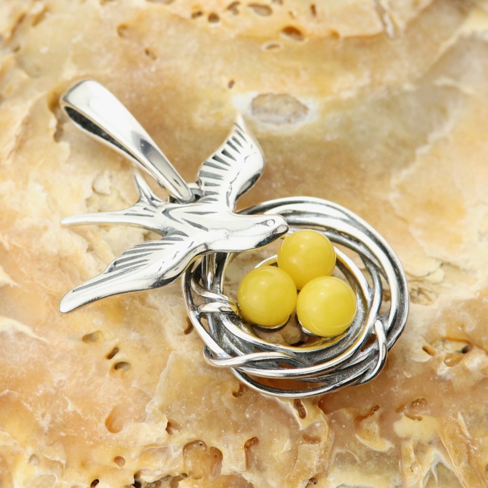 Very unique yellow amber pendant with all three parts moving, sterling silver - Picture 2 of 11